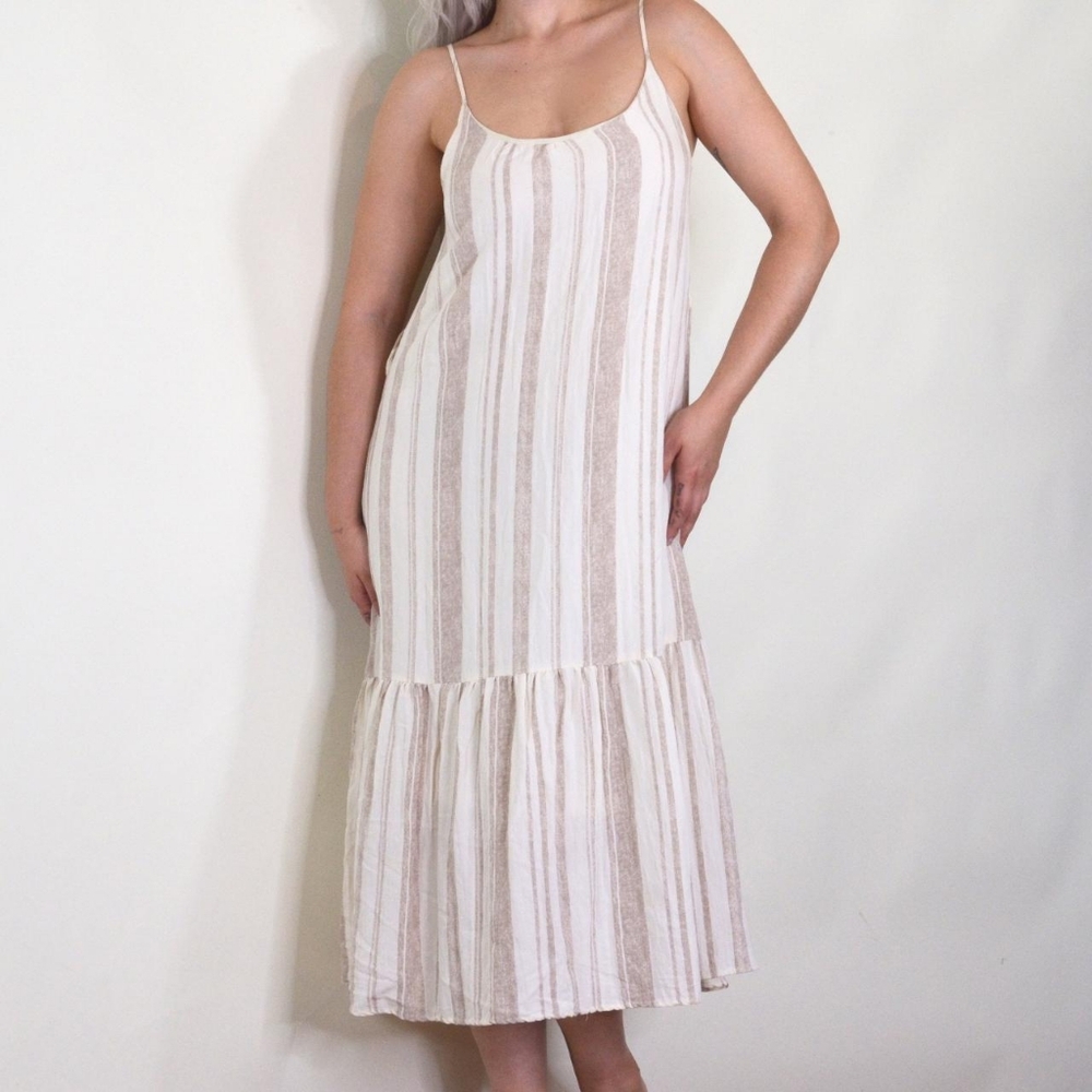 Moon River Striped Ruffle Hem Swing Midi Dress
